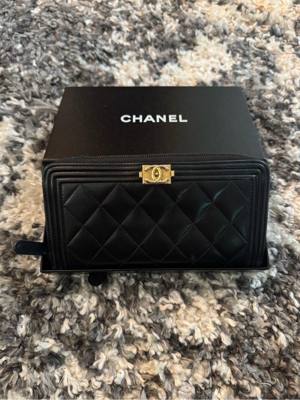CHANEL Boy Black Quilted Leather Zip Wallet with Gold CC Accent